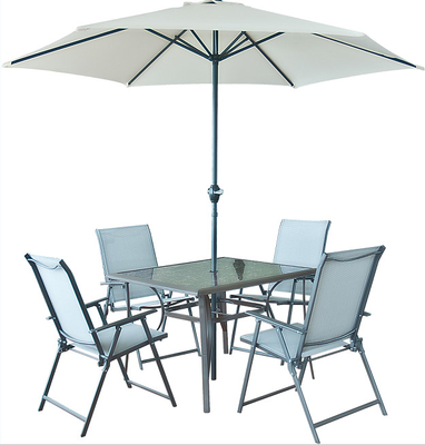 पूर्ण स्टील आउटडोर डाइनिंग टेबल और कुर्सियाँ सन छत्र के साथ सेट करें
